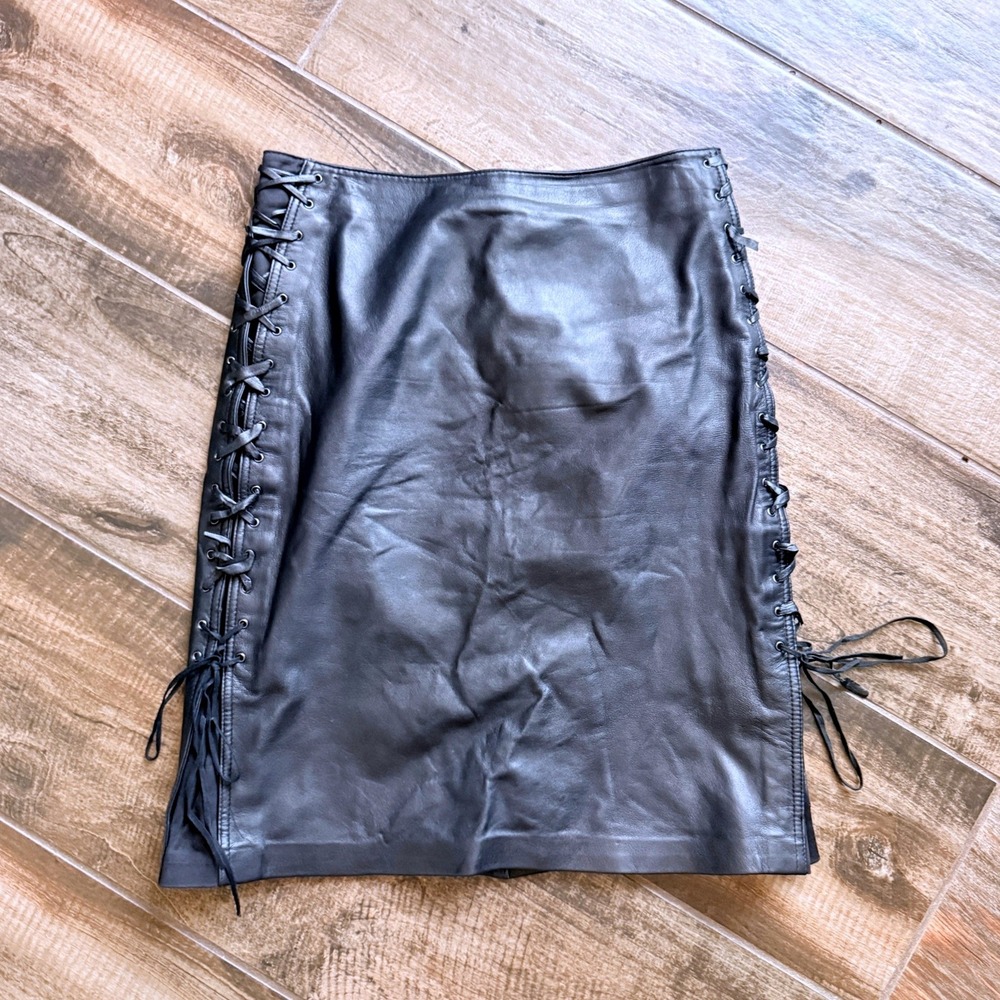 Vakko Sport VTG 90s Womens Leather Lace Up Side Mini Skirt, Black, 6